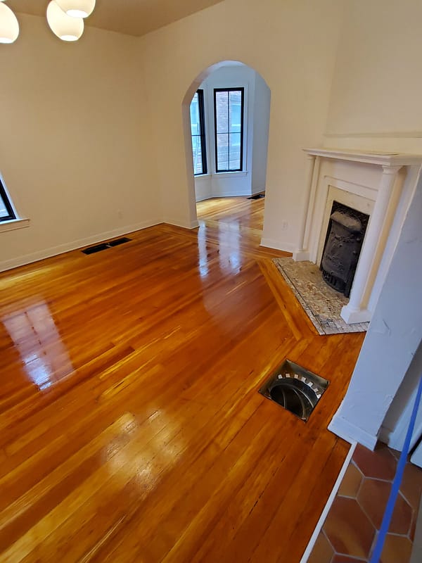 Fir with natural polyurethane finish 1 Fir flooring with natural polyurethane finish. Fireplace in the corner