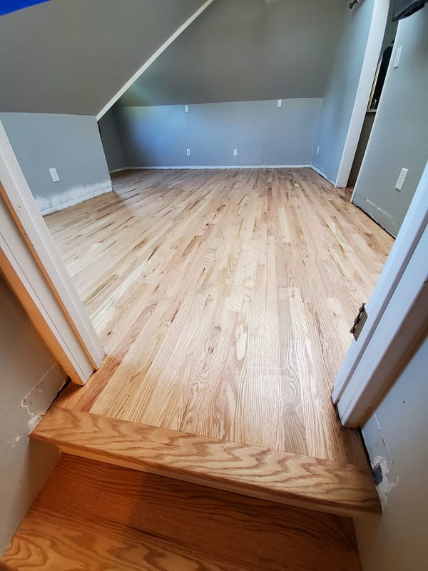2-1/4" Red Oak with water-based finish 4 Red Oak flooring with water-based finish in a finished attic