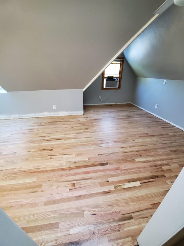 2-1/4" Red Oak with water-based finish 1 Red Oak flooring with water-based finish in a finished attic