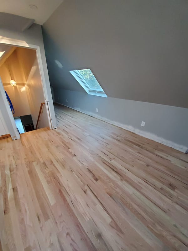 2-1/4" Red Oak with water-based finish 2 Red Oak flooring with water-based finish in a finished attic