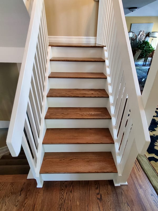 Red Oak stair treads stained Provincial 1 Red Oak stair treads stained Provincial with white risers and railing