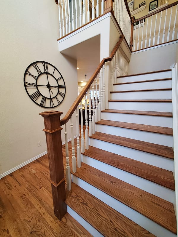Red Oak stair treads stained Early American 1 Red Oak stair treads stained Early American with white risers and spindles