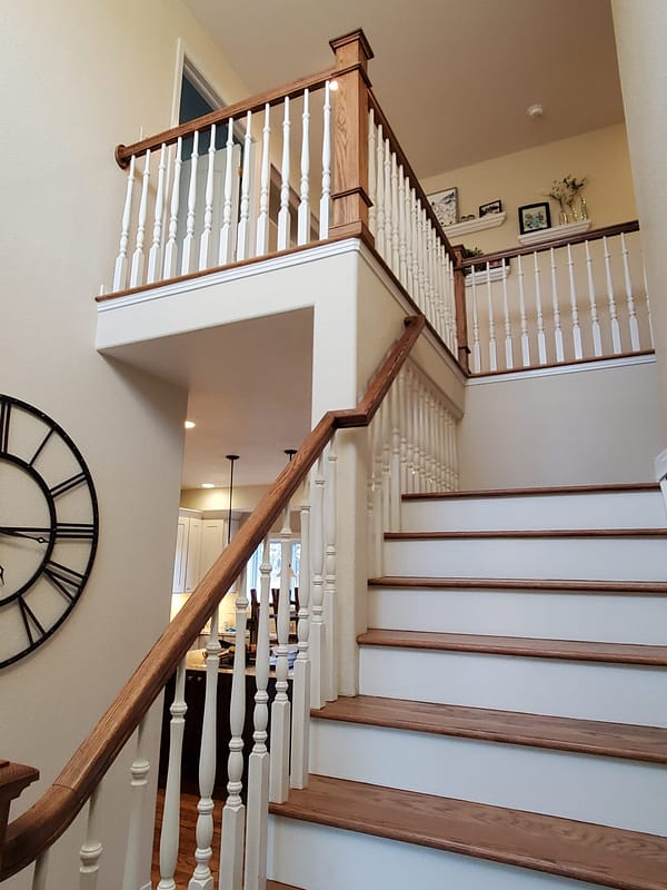 Red Oak stair treads stained Early American 3 Red Oak stair treads stained Early American with white risers and spindles