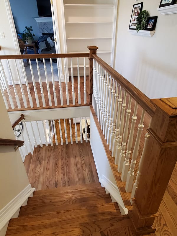 Red Oak stair treads stained Early American 2 Red Oak stair landing stained Early American with white risers and spindles