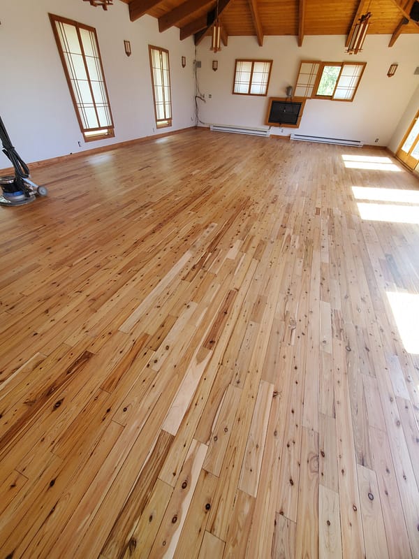 Australian Cypress with natural finish 5 Australian Cypress flooring with natural finish in large room with vaulted rafters