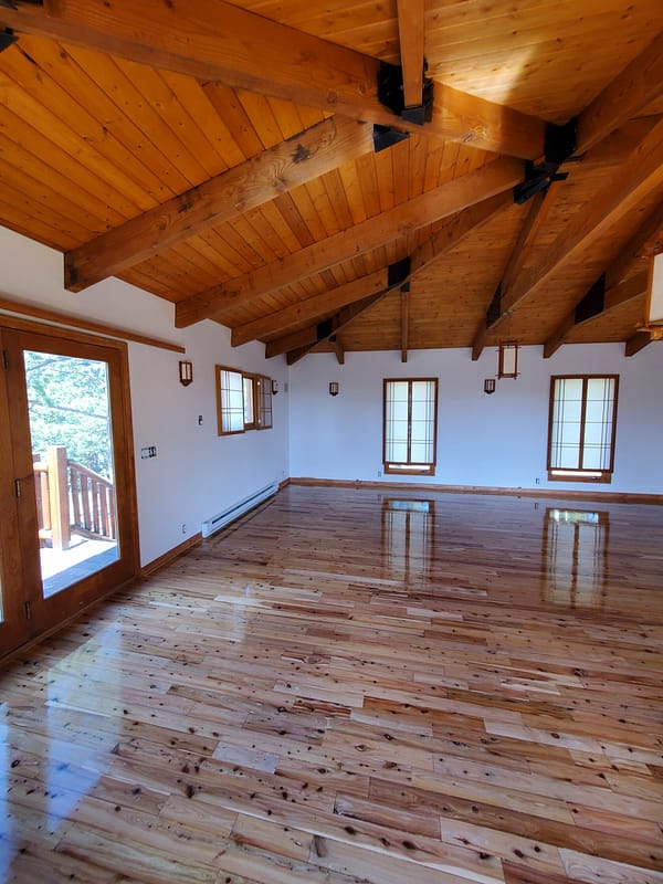 Australian Cypress with natural finish 3 Australian Cypress flooring with natural finish in large room with vaulted rafters