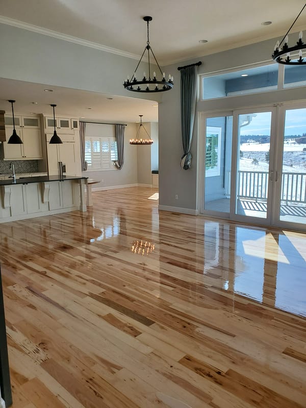 4" Natural Hickory with water-based finish 2 Natural Hickory flooring with water-based finish in modern kitchen and great room