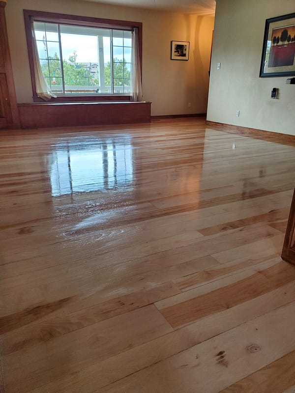 3", 4", 5" Hickory with natural finish Living room with picture window and hickory flooring of varying widths and a natural finish