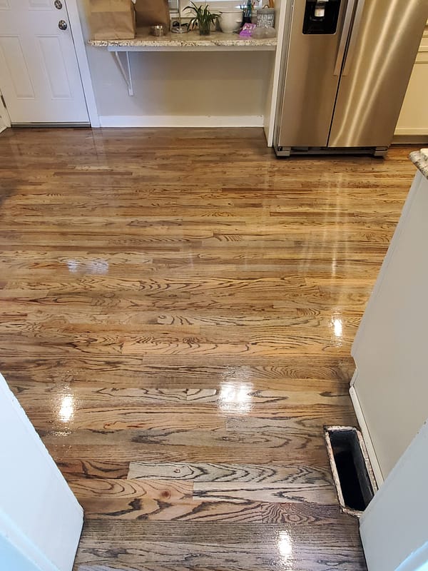 3-1/4" Red Oak stained Driftwood 5 Red Oak stained Driftwood flooring in a dining room