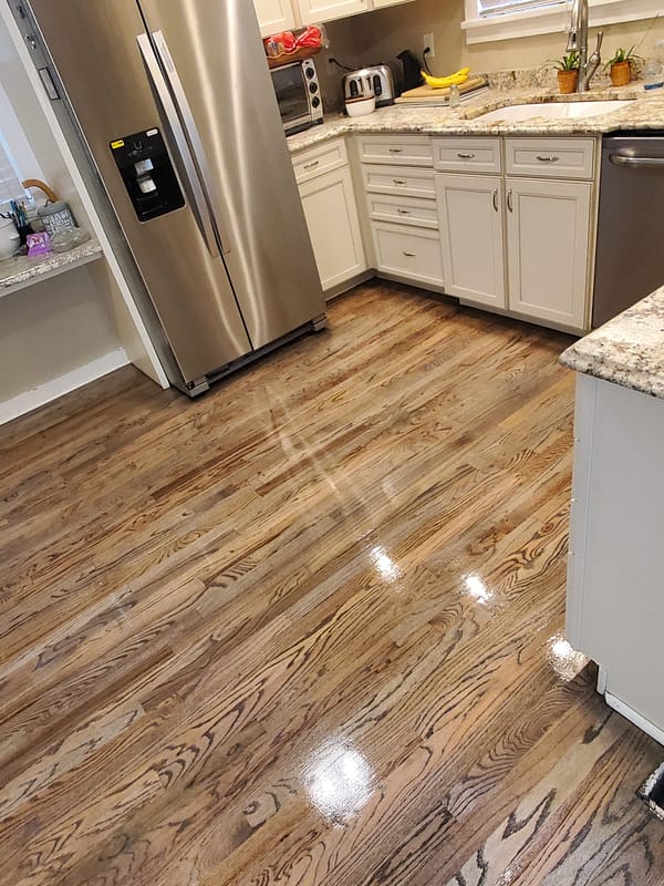 3-1/4" Red Oak stained Driftwood 3 Red Oak stained Driftwood flooring in a kitchen
